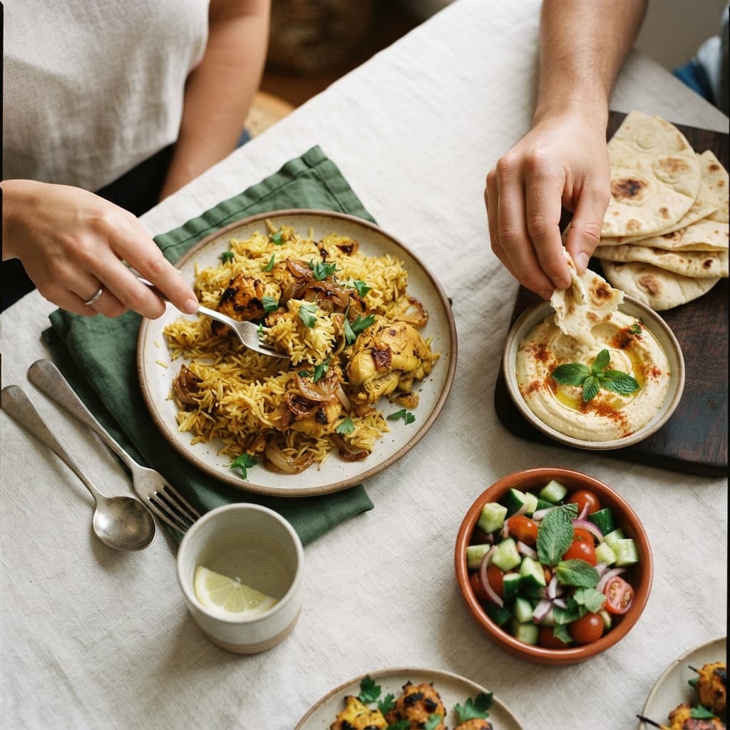 A shared table with flatbreads, dips, salad, and tea